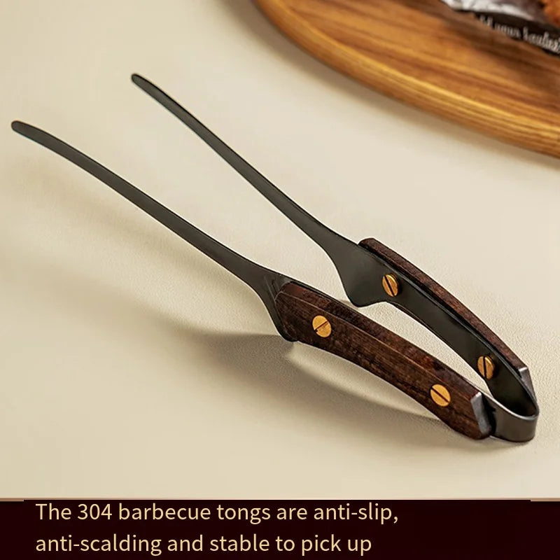 304 Stainless Steel BBQ Tongs | Wooden Handle Grill Tongs BBQ Grill Tongs QXL black