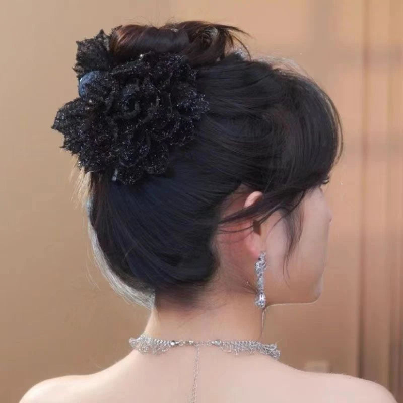 Black Mesh Flower Shark Claw Clip | Floral Hair Claw Women Shark Claw Hair Clip QXL