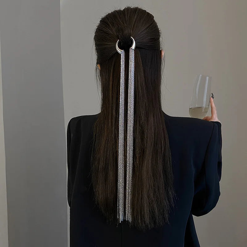Silver Chain Tassel Hair Clip | Bridal Metal Ring Accessory Bridal Hair Clip QXL
