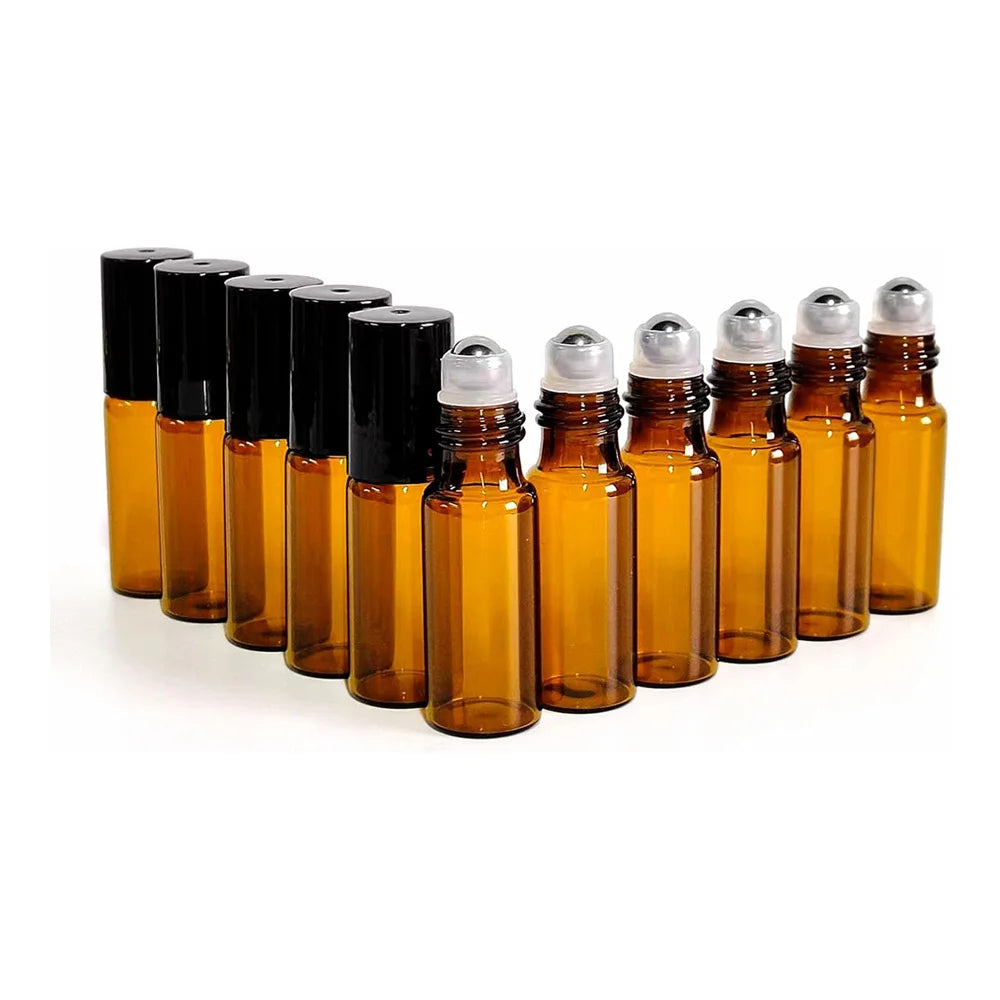 10-Pack Amber Glass Roll-On Bottles | Steel Roller & Black Cap Roll-On Bottles QXL Brown 10PCS 5ml Glass