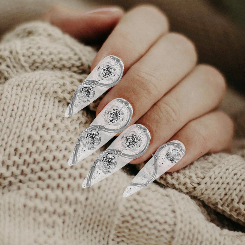 Metal Rose Teardrop Press-On Nails | Clear Reusable Tips Press-On Nail Tips QXL