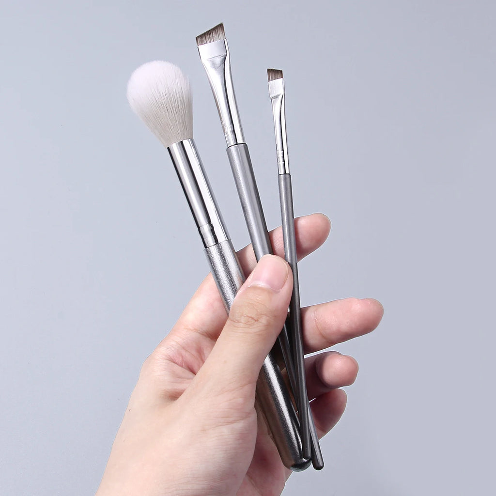 4-Pc Silver Makeup Brush Set | Highlighter, Eyebrow & Puff Makeup Brush Set QXL