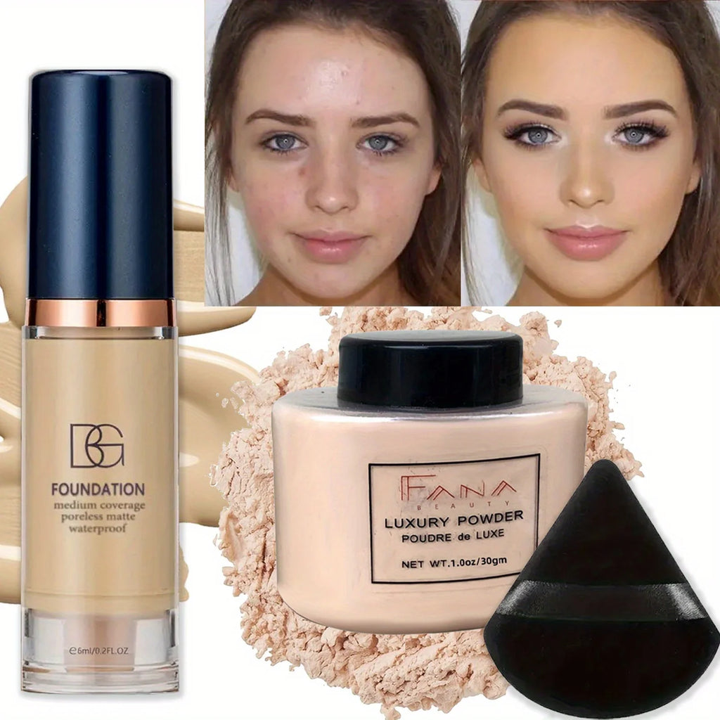 3-Pc Full Coverage Foundation, Oil-Control Powder & Puff Set Foundation Makeup Set QXL