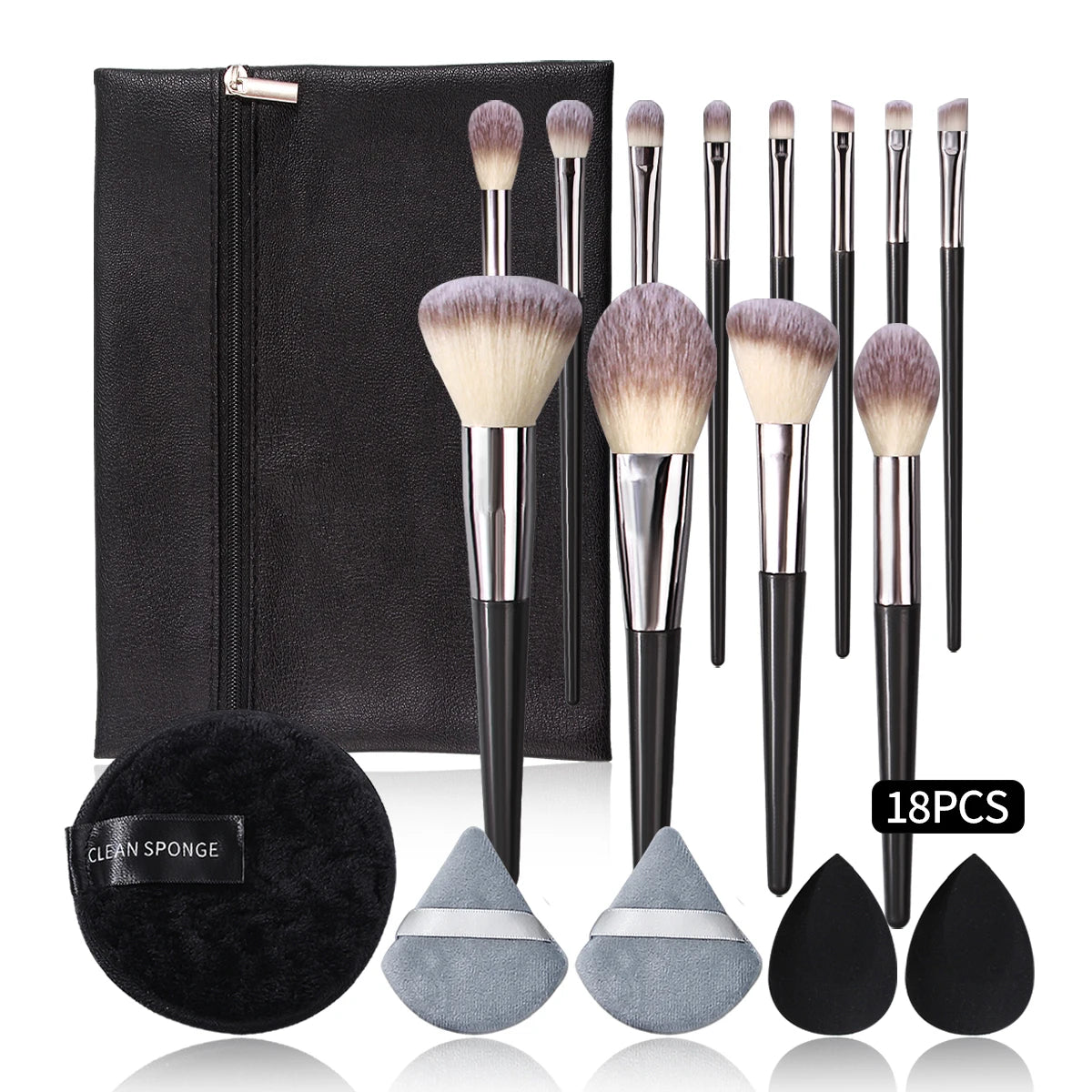 KOSSHOW 18-Pc Makeup Brush Set with Bag, Sponges & Puffs Makeup Brush Set QXL DARK GRAY