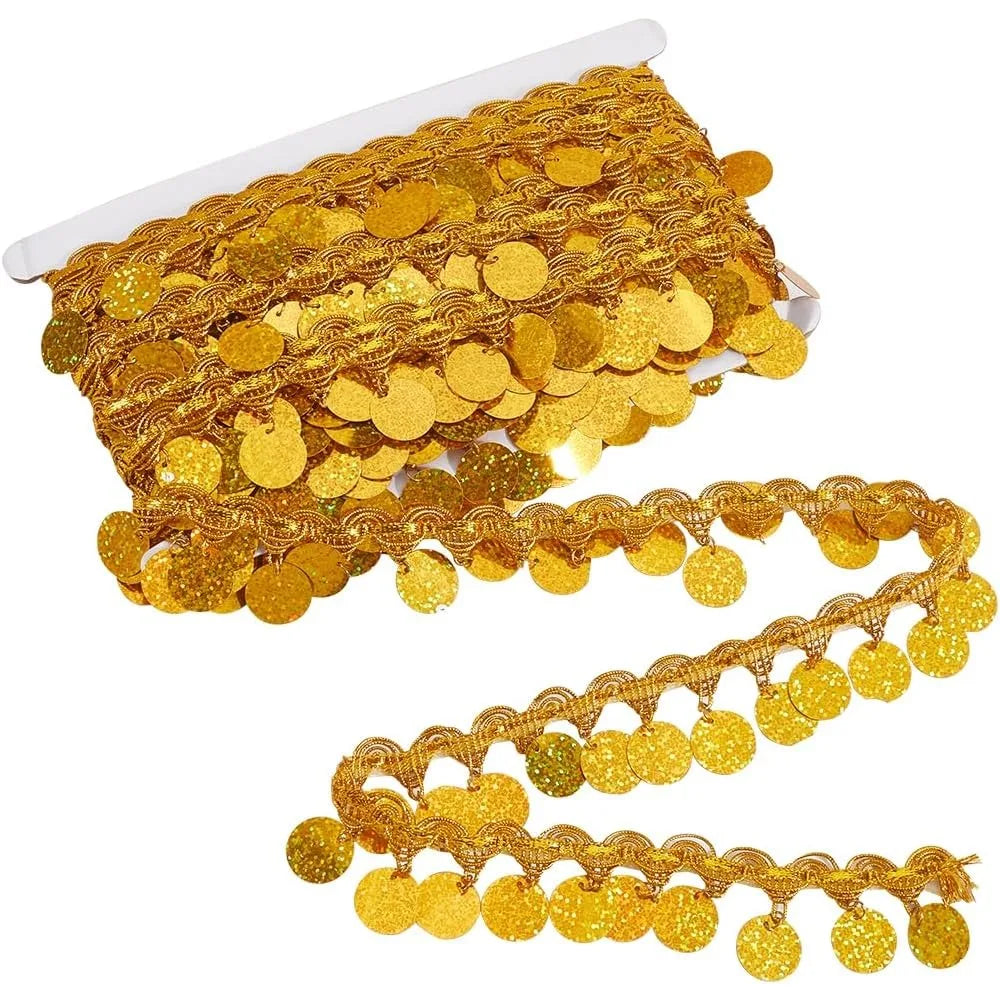 10 Yards Gold Sequin Tassel Fringe Trim | Metallic Coin Ribbon Sequin Fringe Trim QXL