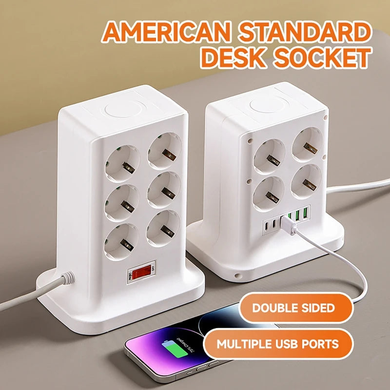 EU Vertical Tower Power Strip | Wireless Charging AC USB Type-C Tower Power Strip QXL