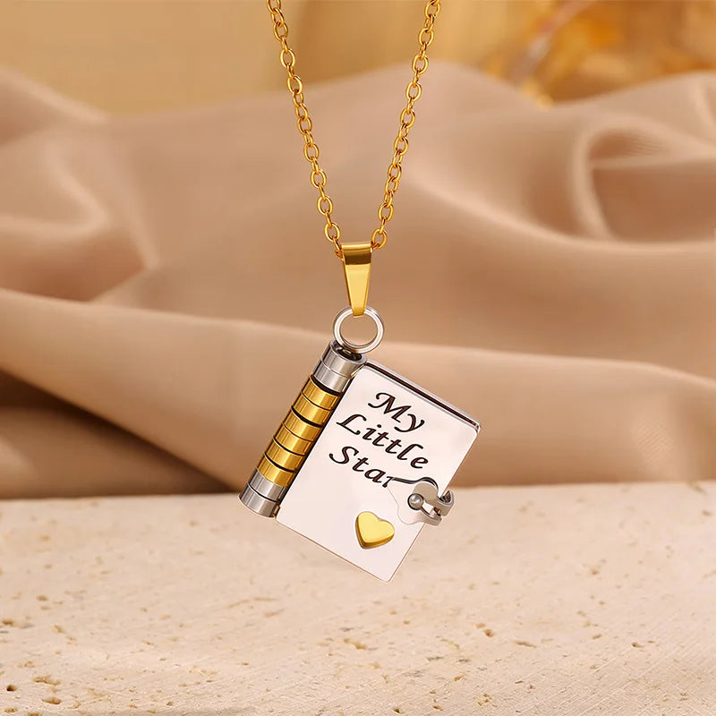 Stainless Steel Book Pendant Necklace | Family Keepsake Gift Pendant Necklace QXL Silver Plated