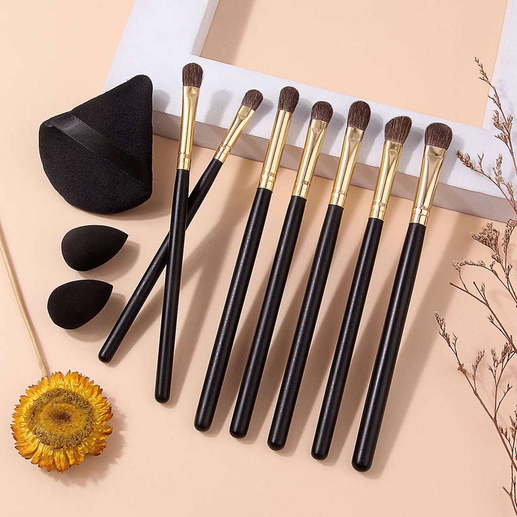 KOSSHOW 10-Pc Horsehair Eyeshadow Brush Set + Puff & Sponges Eyeshadow Brush Set QXL