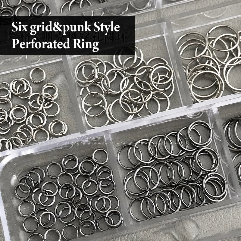 6-Grid Punk Alloy Nail Charms | Ring & Rhinestone Manicure Set Nail Art Charms QXL