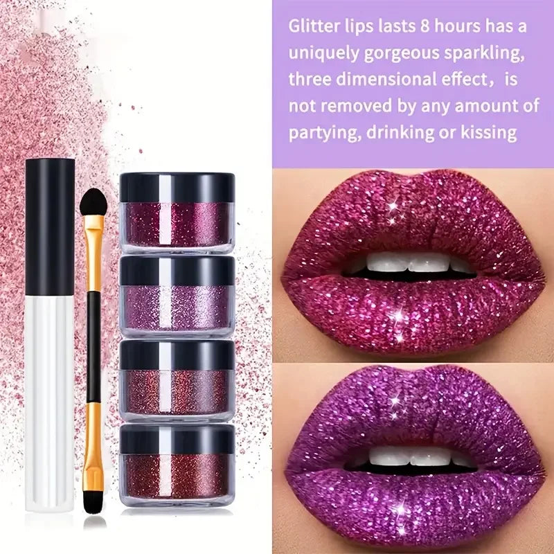 VERONNI 4-Color Glitter Lip Kit with Base & Brush Glitter Lip Kit QXL