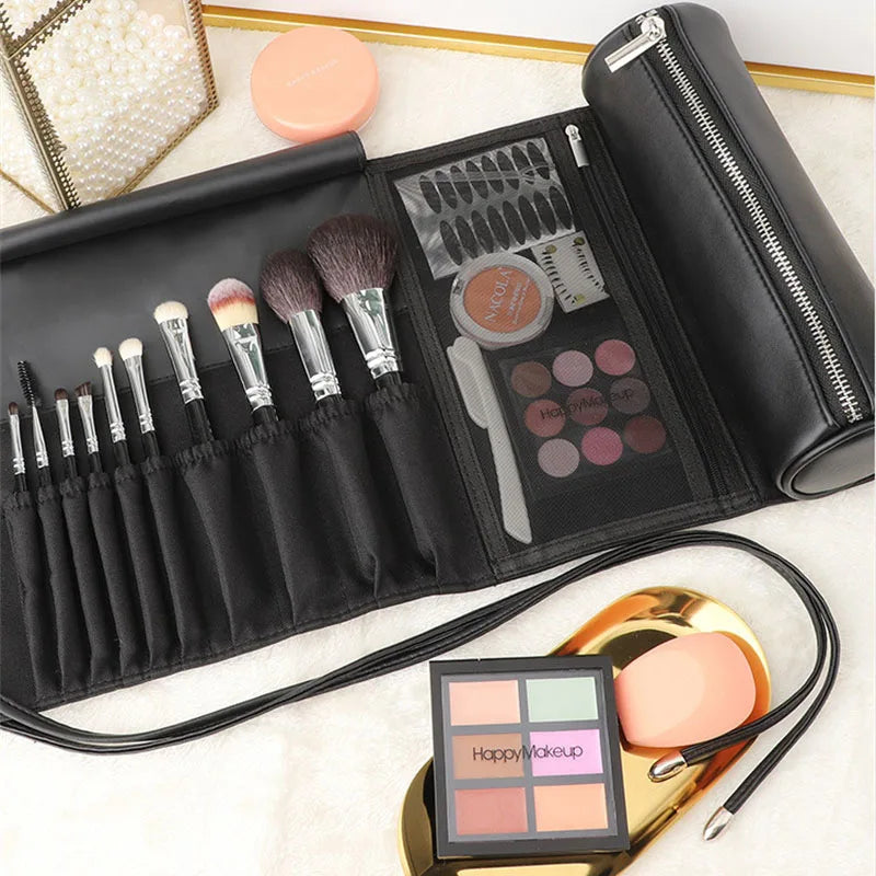 PU Leather Roll-Up Makeup Brush Bag | Cylinder Travel Case Makeup Brush Bag QXL