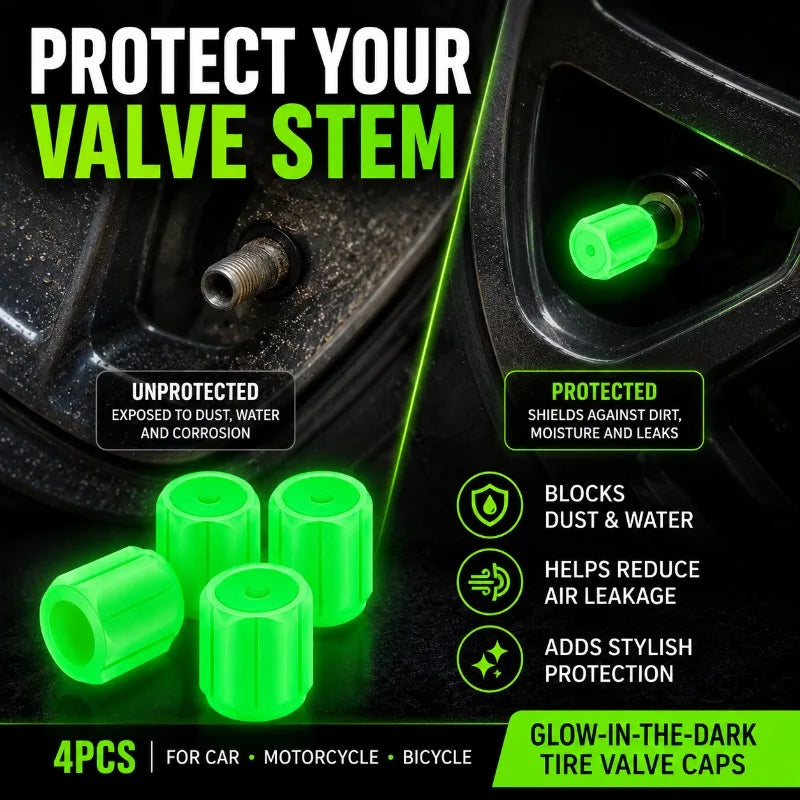 4-Pack Glow in the Dark Tire Valve Stem Caps | Universal Tire Valve Caps QXL