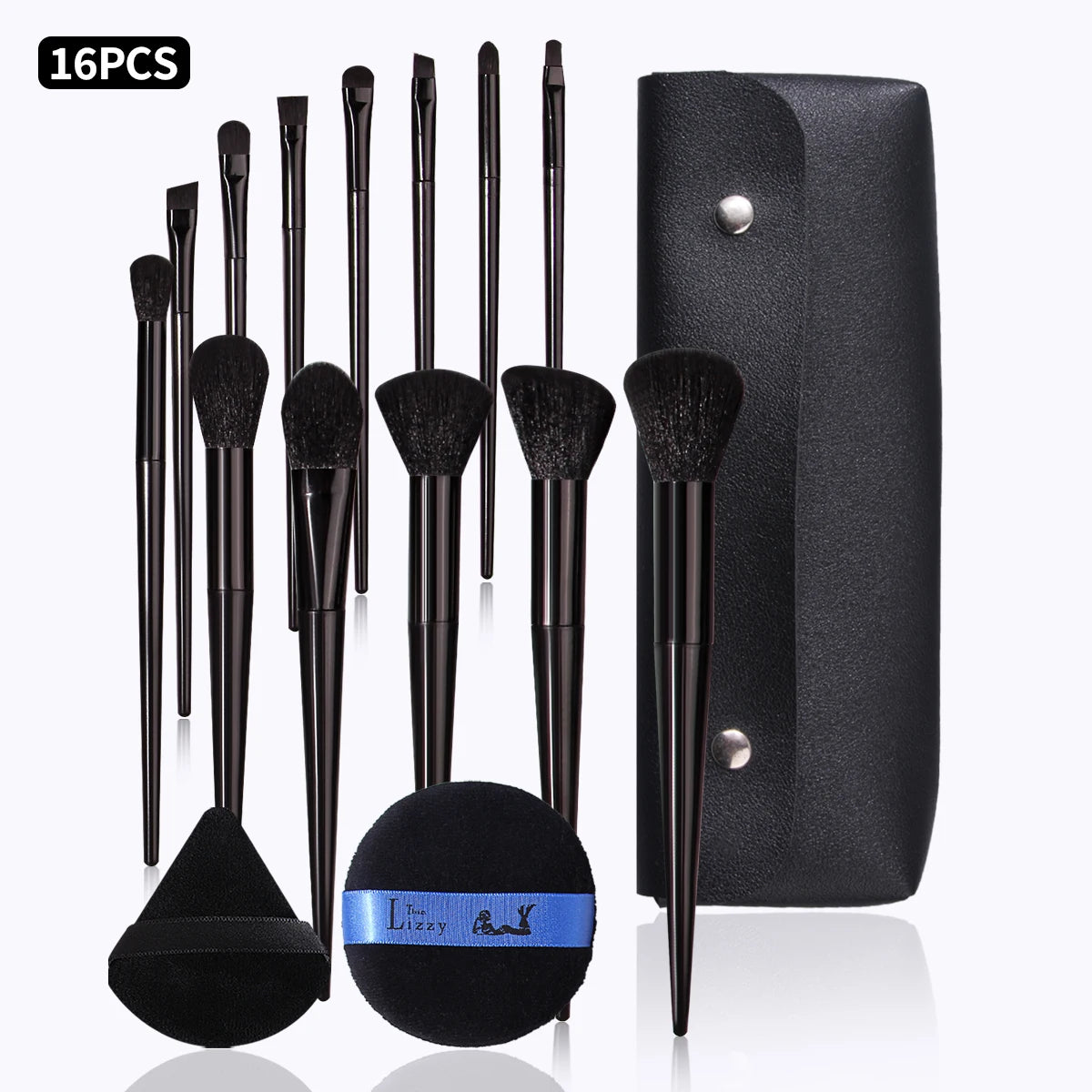 16-Pc Black Makeup Brush Set with PU Bag & Powder Puffs Makeup Brush Set QXL