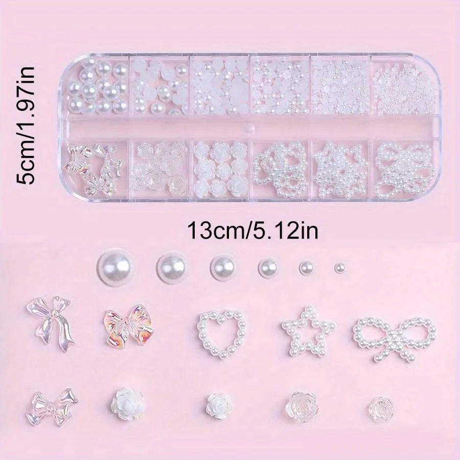12-Grid Kawaii Nail Art Charms | Pearls, Bows, Hearts & Stars Nail Art Charms QXL