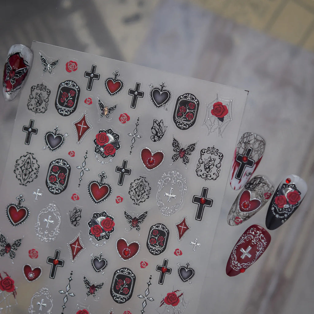 Gothic 5D Nail Stickers | Rose, Cross & Rhinestone Halloween Nail Art Stickers QXL