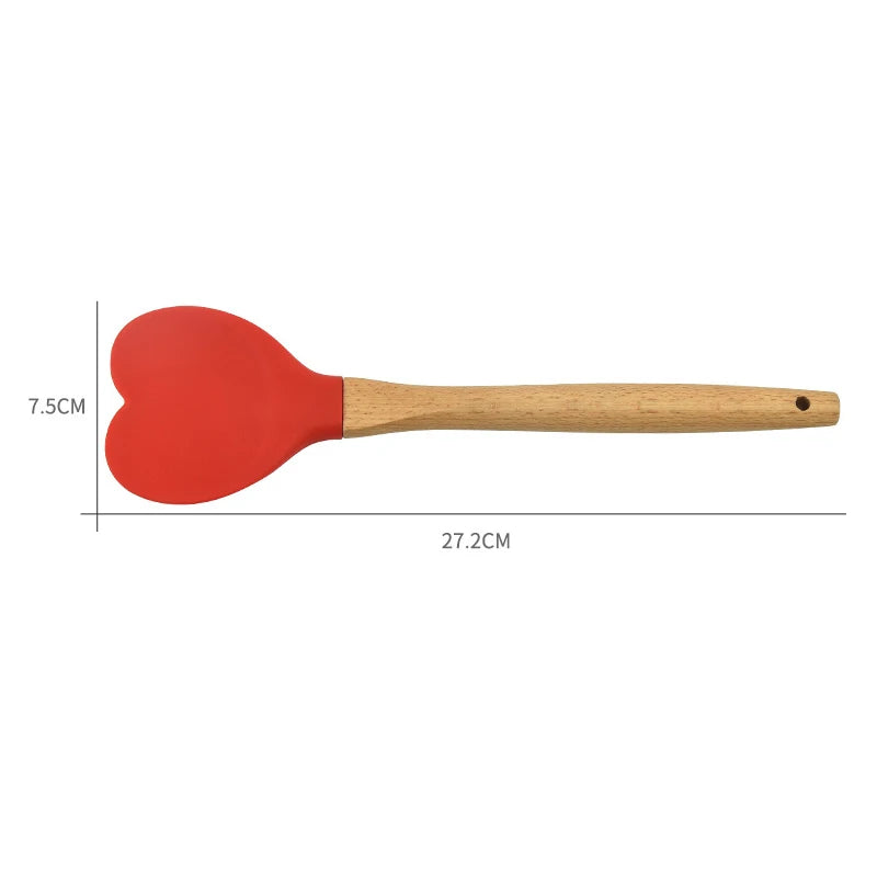 Heart-Shaped Silicone Spatula | Pink Wooden Handle Baking Silicone Baking Spatula QXL