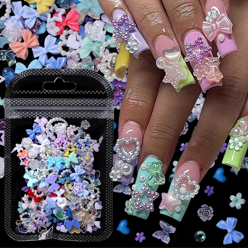 50-Pc Kawaii Nail Charms | Bowknot Heart Star Butterfly DIY Nail Art Charms QXL