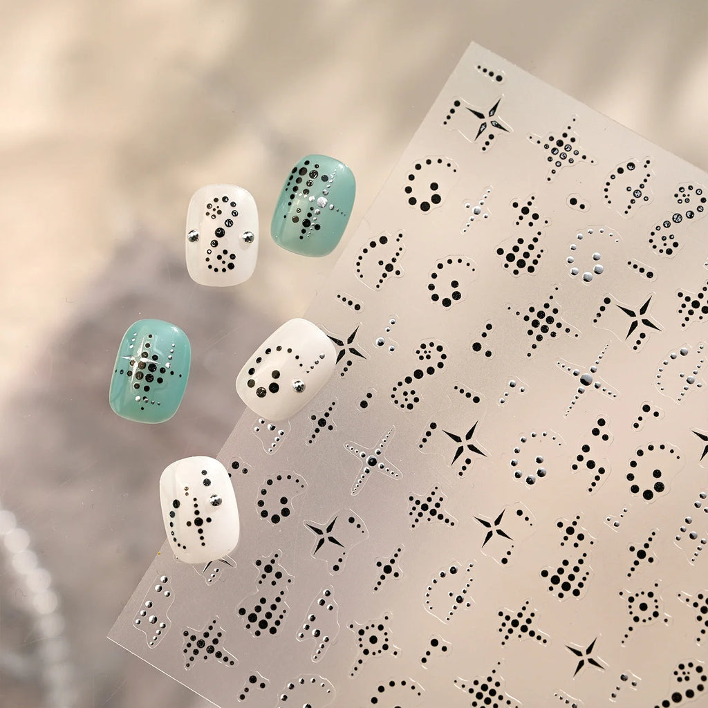 5D Black Silver Polka Dot Star Nail Art Stickers | Self-Adhesive Nail Art Stickers QXL