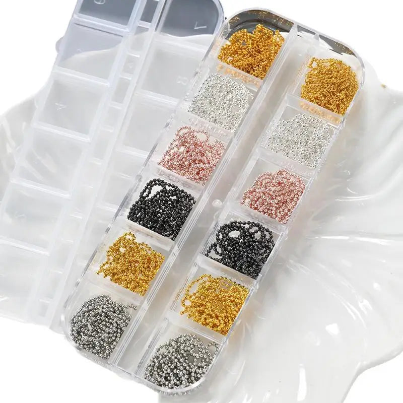 12-Grid Metal Nail Art Chains | Gold Silver Black Bead Set Nail Art Chains QXL