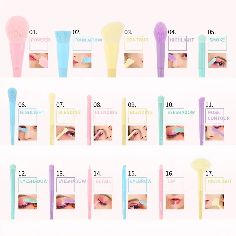 VERONNI 17-Piece Macaron Colorful Makeup Brush Set Makeup Brush Set QXL