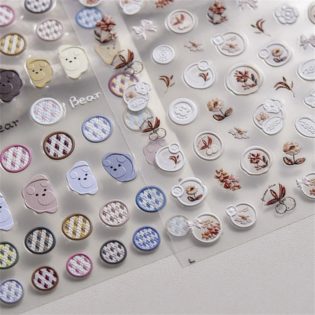 5D Kawaii Cartoon Nail Art Stickers | Checkered Floral Decals Nail Art Stickers QXL