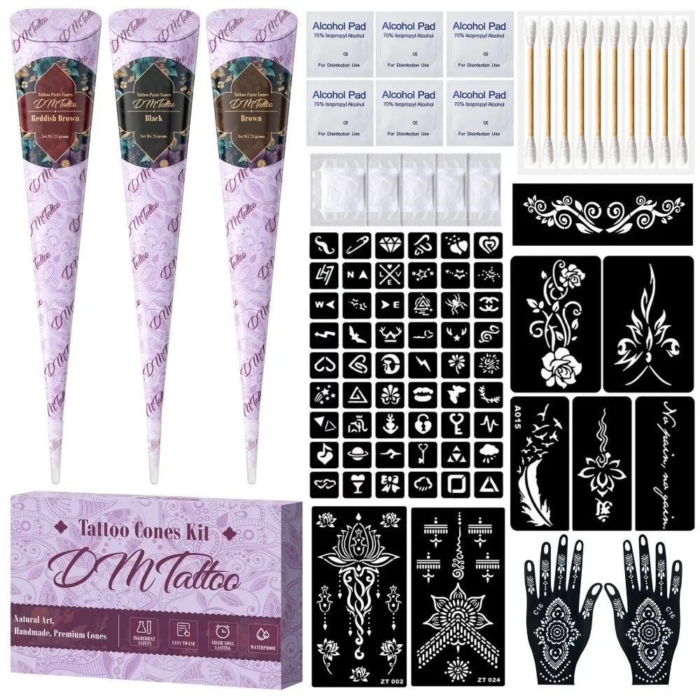 3-Color Henna Tattoo Kit with Templates | DIY Body Art Henna Tattoo Kit QXL