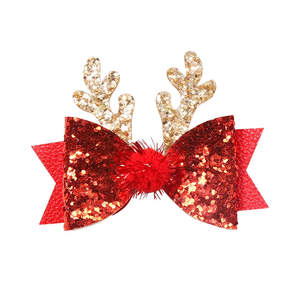 Girls Sequin Bow & Antler Hair Clips | Christmas Party Set Kids Hair Clips QXL 1pcs Red