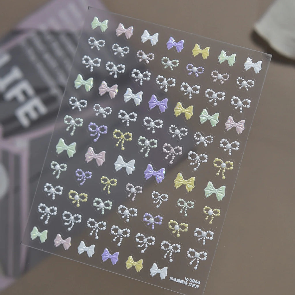 Macaron Bow 5D Nail Stickers | Pearl & Chain Decals Nail Art Stickers QXL