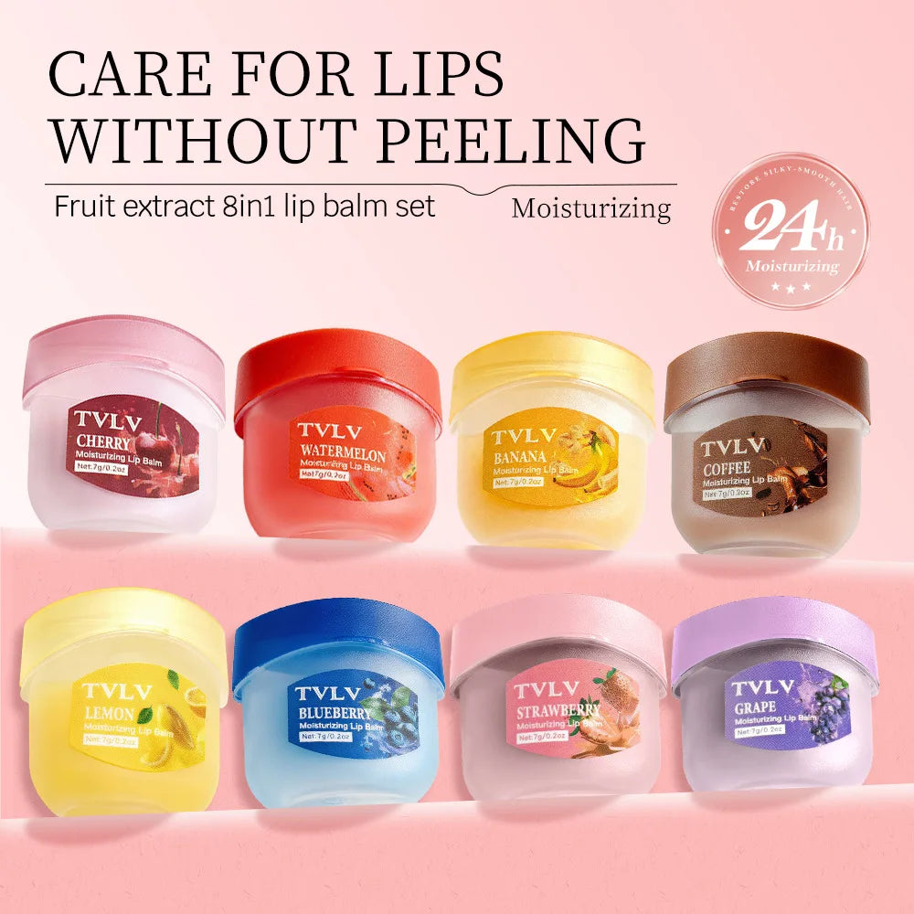 TVLV 8-Pc Fruit Lip Balm Set with Brush | Moisturizing Mini Jars Lip Balm Set QXL