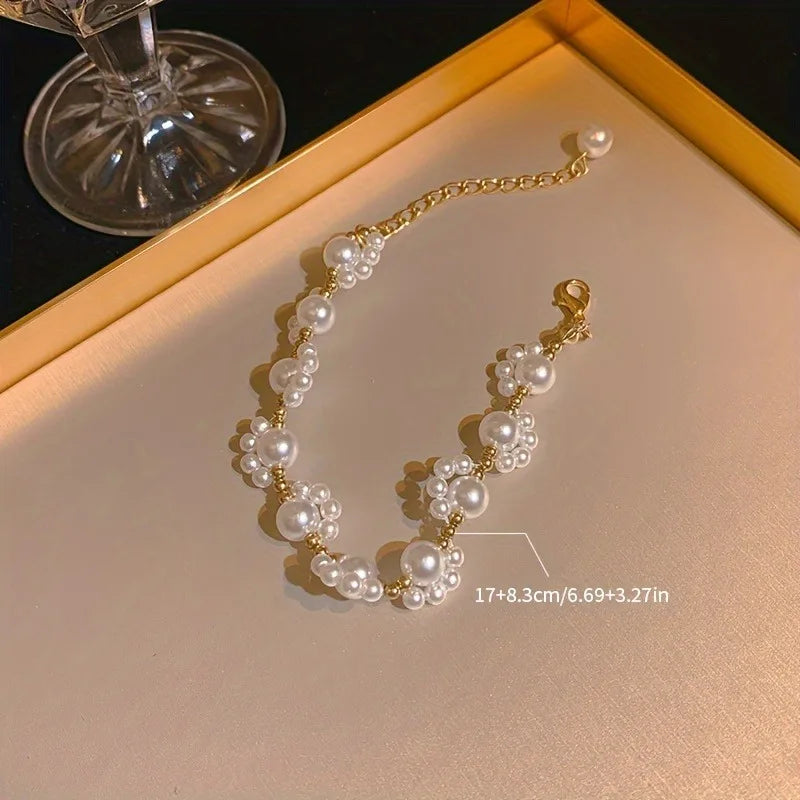 Elegant White Faux Pearl Beaded Bracelet | Unisex Strand Beaded Strand Bracelet QXL
