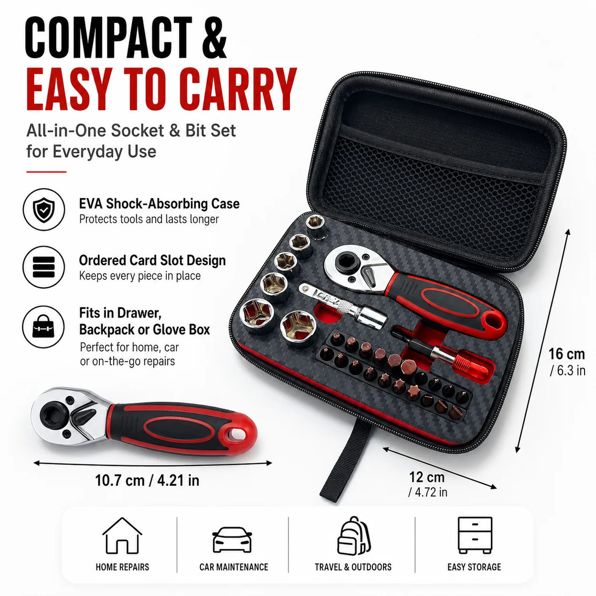 29-Pc Mini Ratchet Wrench & Socket Bit Set | 1/4" Drive Kit Ratchet Socket Set QXL