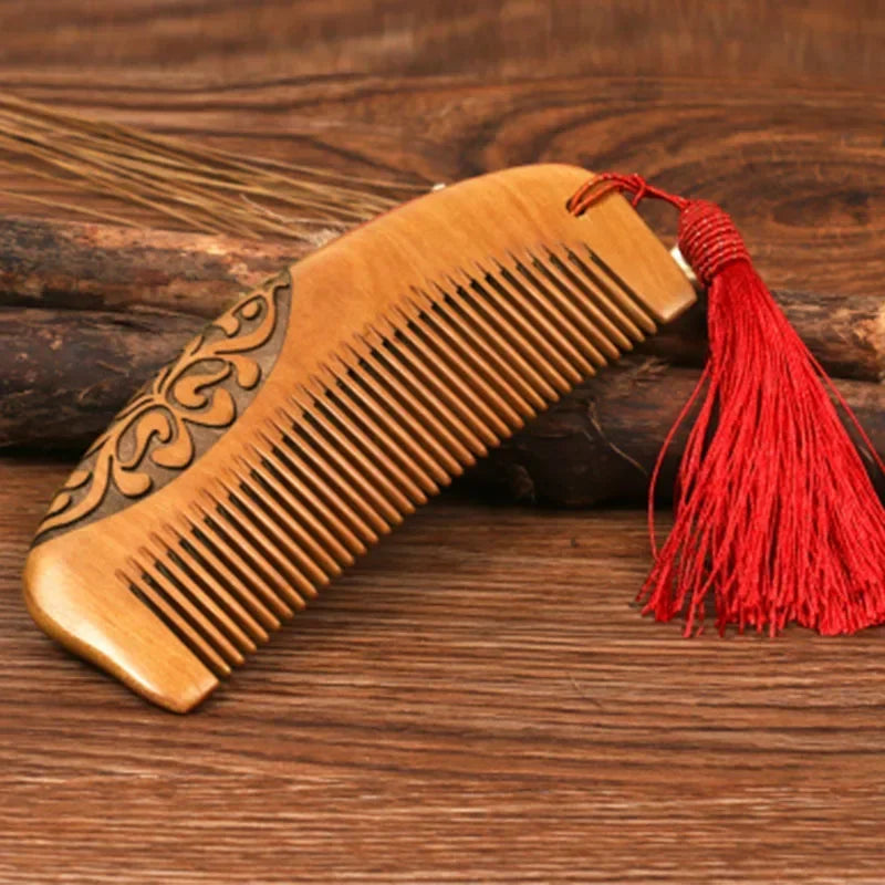 Carved Peach Wood Anti-Static Hair Comb | Gift Idea Wooden Hair Comb QXL
