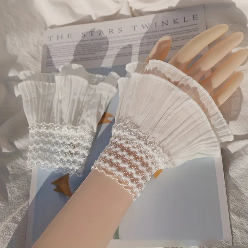 Double Ruffle Lace Fake Cuffs | Pleated Wrist Sleeves for Women Wrist Cuff Accessory QXL