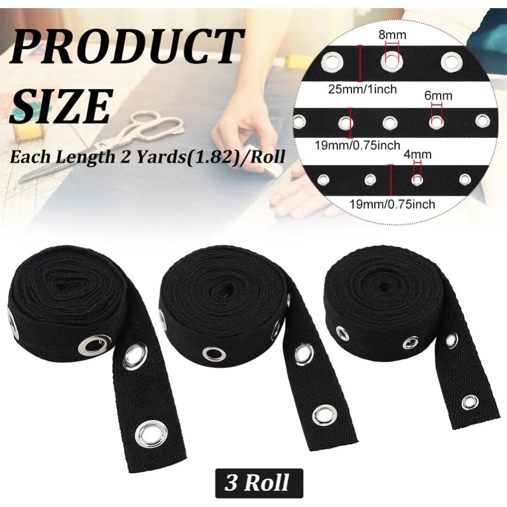 6 Yards Black Cotton Grommet Eyelet Twill Tape Trim – 3 Sizes Eyelet Trim Ribbon QXL