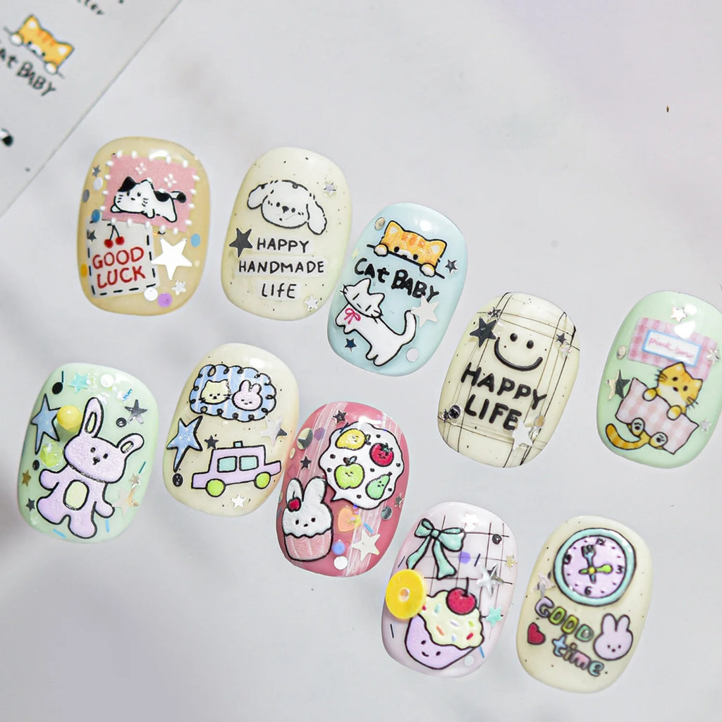 5D Embossed Cat & Donut Nail Art Stickers | DIY Nail Decals Nail Art Stickers QXL