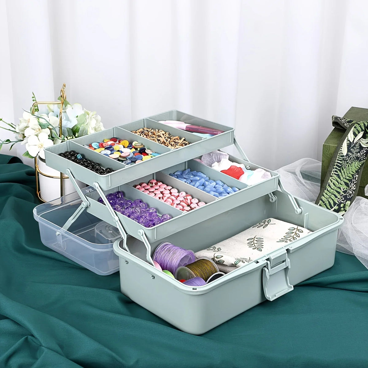3-Layer Craft Organizer Box with Adjustable Dividers & Handle Craft Storage Organizer QXL