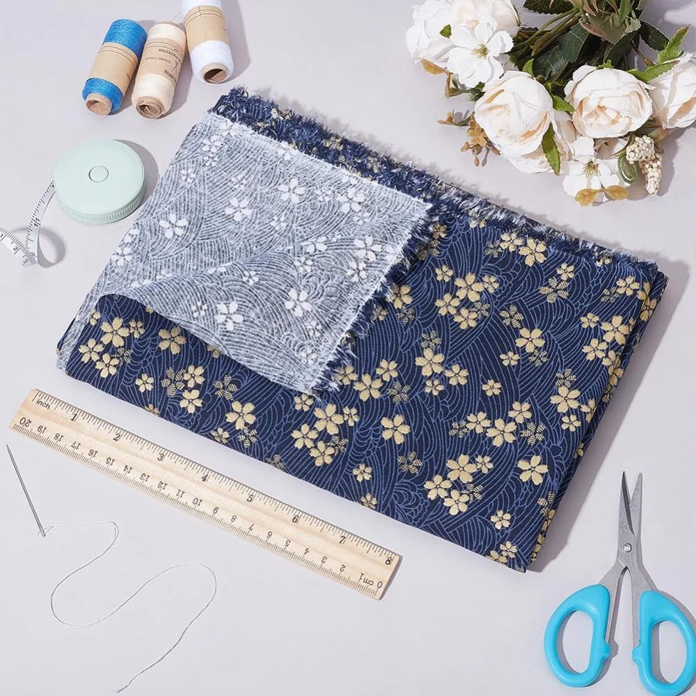 Blue Sakura Quilting Fabric 1 Yard | Gold Cherry Blossom Print Quilting Fabric QXL