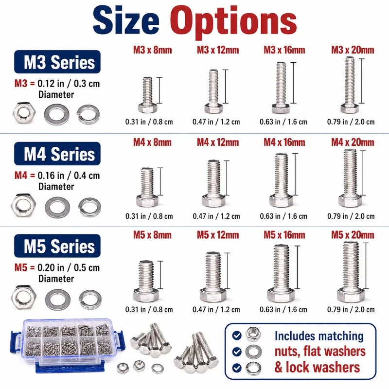705-Pc M3 M4 M5 Stainless Steel Hex Bolt Nut Washer Kit + Box Fastener Assortment Kit QXL