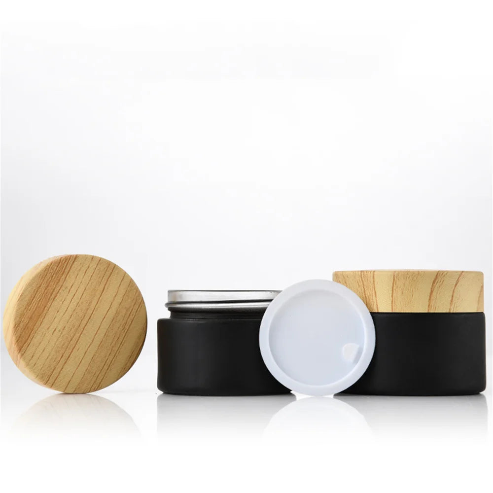 Matte Black Glass Cosmetic Jars Wood Cap | 5g–50g Refillable Cosmetic Glass Jar QXL