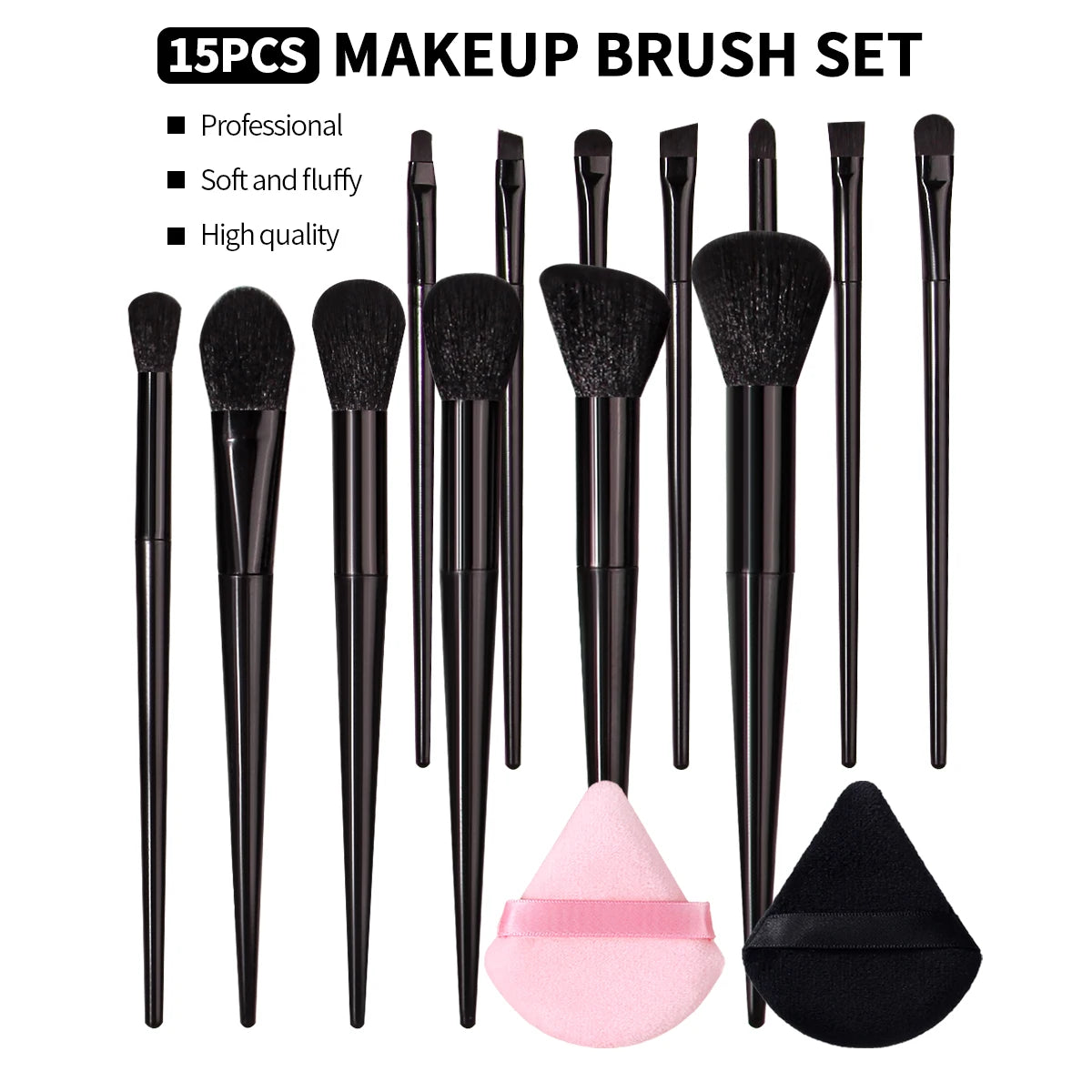 15-Pc Makeup Brush Set – Soft Fluffy Face & Eye Kit | KOSSHOW Makeup Brush Set QXL black