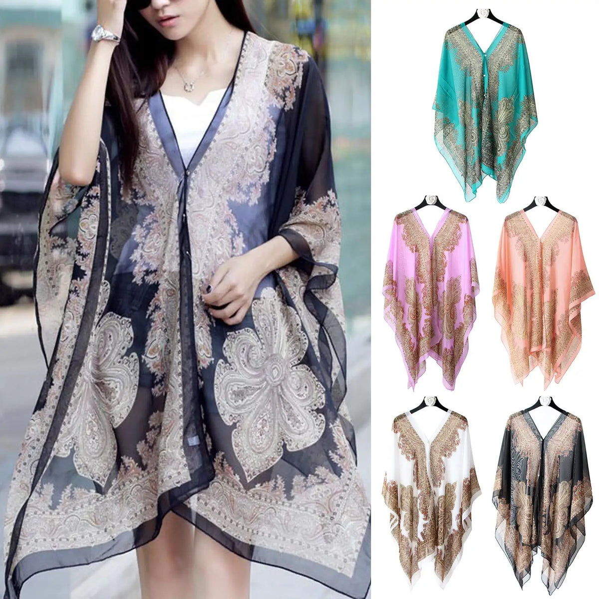 Women's Chiffon Beach Shawl & Bikini Cover Up | Boho Floral Beach Cover Up QXL