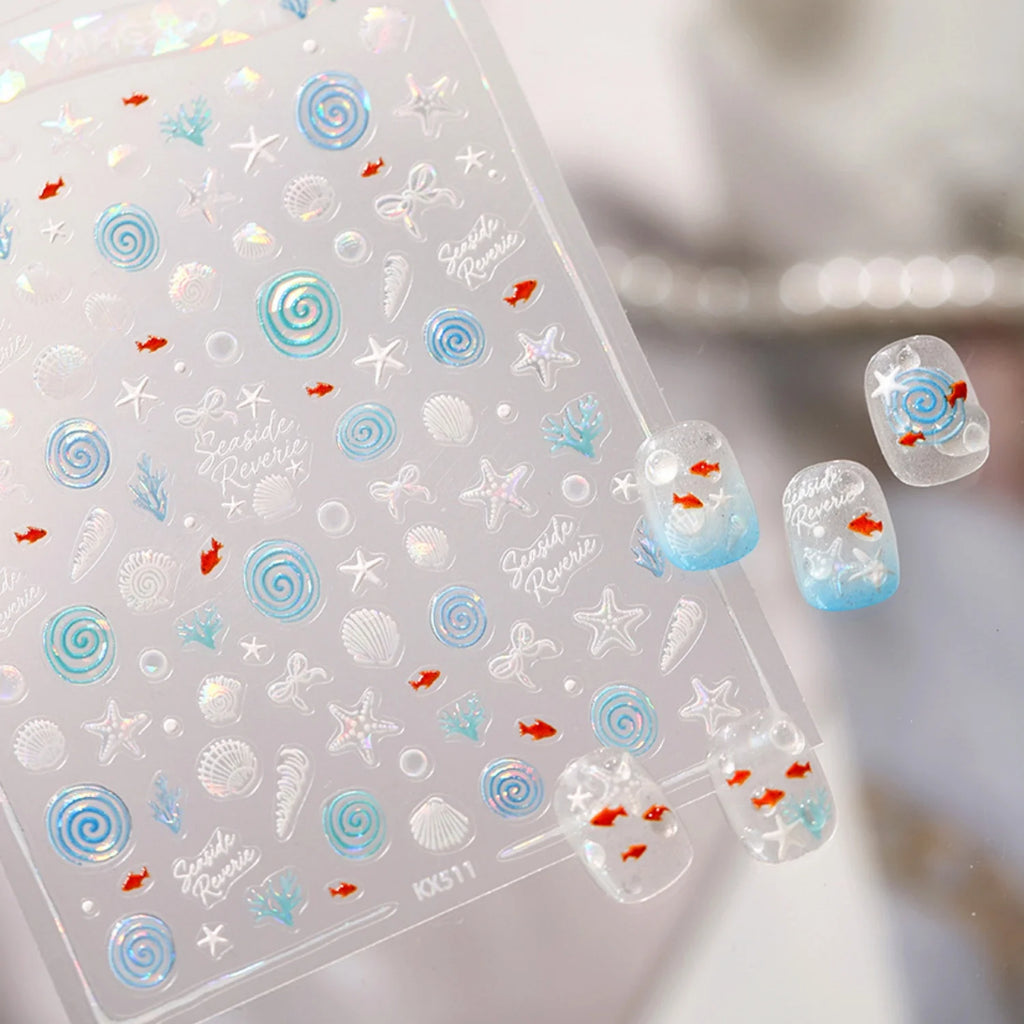 5D Marine Nail Stickers | Ocean Beach Iridescent Decals Nail Art Stickers QXL