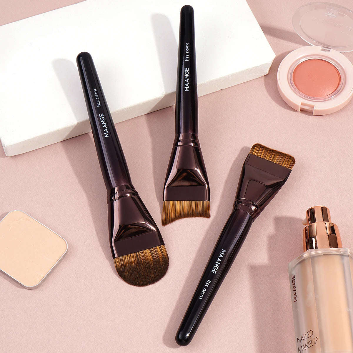 MAANGE 3-Pc Flat Kabuki Foundation Brush Set | Liquid & Cream Kabuki Brush Set QXL Dark Brown
