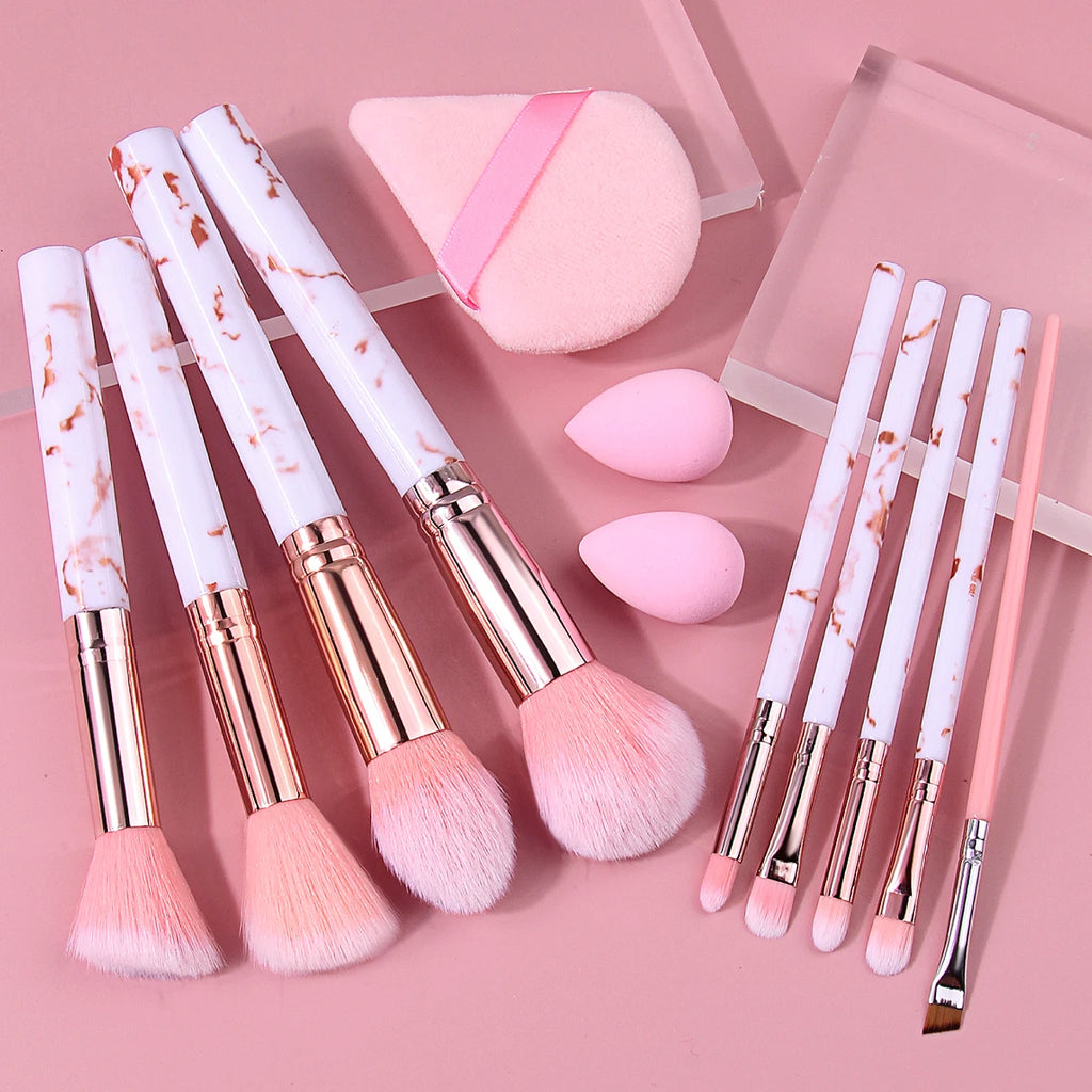 12-Pc Makeup Brush Set | White & Rose Gold + Sponge & Puff Makeup Brush Set QXL