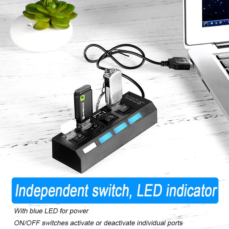 4/7-Port USB 2.0 Hub with LED Switches | PC & Laptop Splitter USB Hub QXL