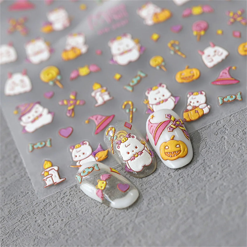 5D Kawaii Bear Halloween Nail Stickers – Ghost & Pumpkin Decals Nail Art Stickers QXL