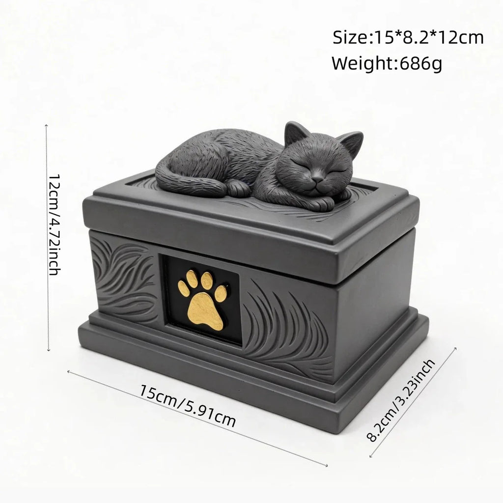 Resin Pet Memorial Urn Box | Sleeping Cat Lid & Gold Paw Pet Memorial Urn QXL Light Grey