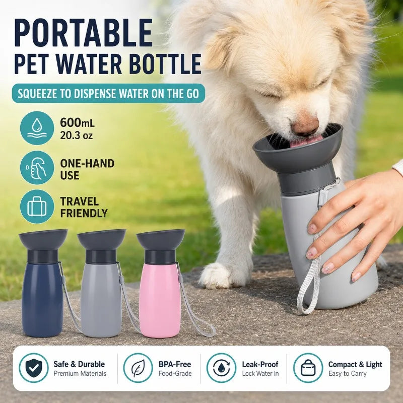 600mL Portable Dog Water Bottle | One-Hand Squeeze Rigid Bowl Pet Travel Water Bottle QXL