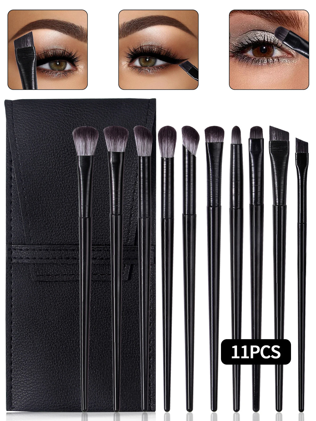 10-Pc Eye Makeup Brush Set with PU Leather Pouch – Black Eye Makeup Brush Set QXL