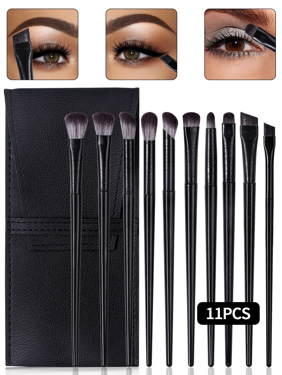 10-Pc Eye Makeup Brush Set with PU Leather Pouch – Black Eye Makeup Brush Set QXL